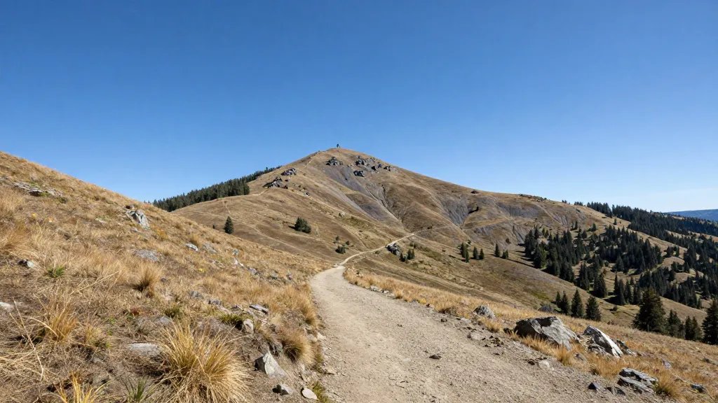 Distant view of Pacific Crest Trail alpine pass under blue sky
