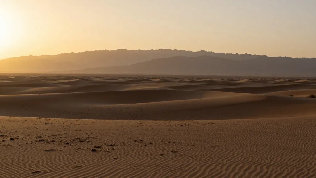Vast desert basin with distant mountain silhouettes at golden hour