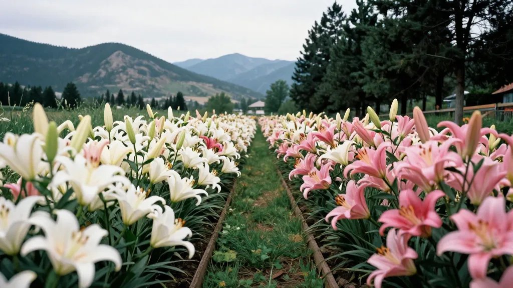 Distant view of Lily Lane in Estes Park with giant white and pink lilies