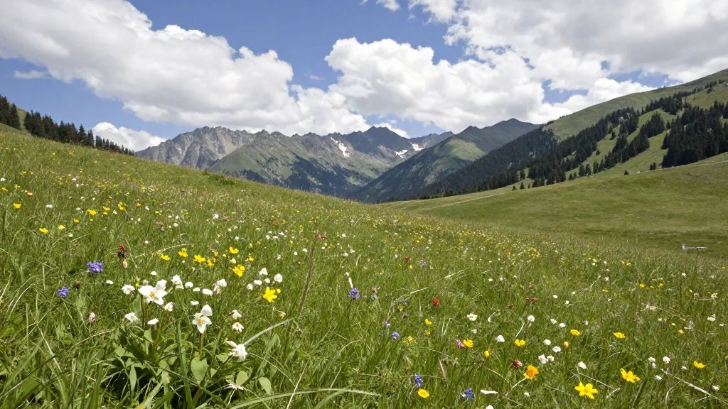 Distant alpine meadow blooms along Lily Lane under sun-dappled sky