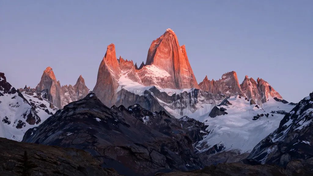 Distant shot of Fitz Roy granite towers at Patagonia during late dawn