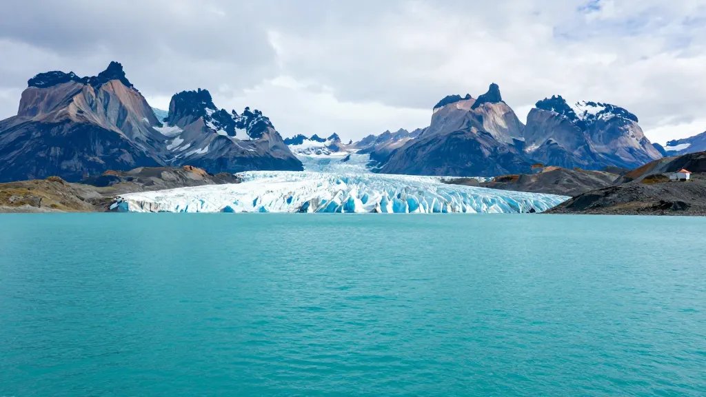 Expansive view of turquoise glacial lake with Patagonian mountains backdrop