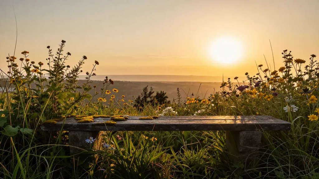 Distant golden-hour overlook framed by wildflowers along the mossy bench