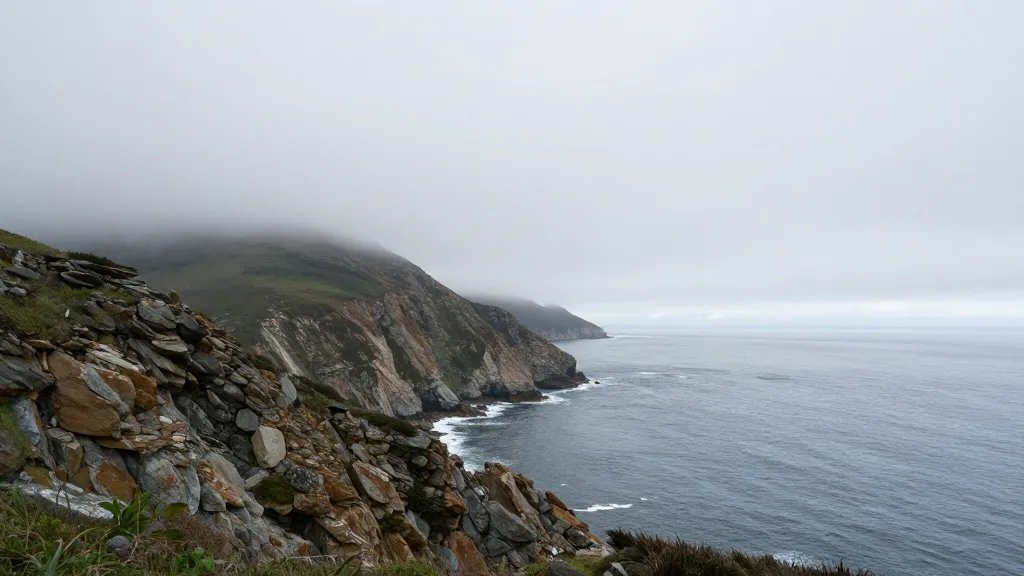 Distant coastal cliffside of The Lost Coast under foggy sky