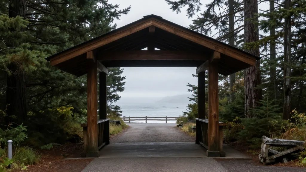 Redwood-draped trailhead approach fading into misty coastline