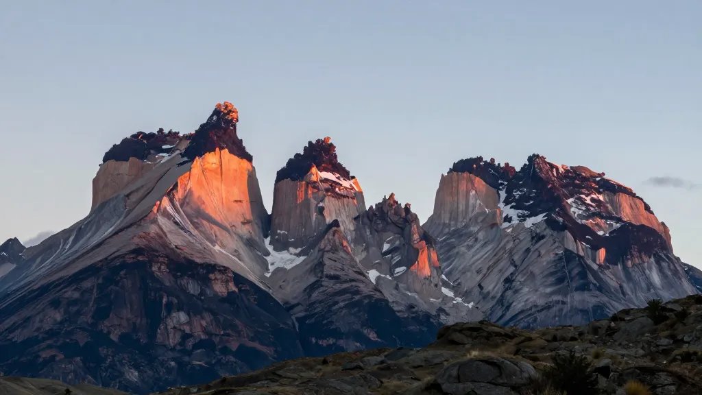 Distant view of Torres del Paine granite towers at sunrise