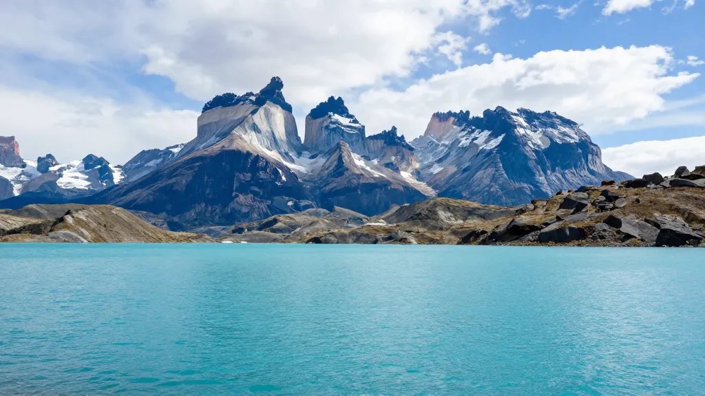 Wide-angle shot of turquoise Patagonian lake behind Torres del Paine peaks