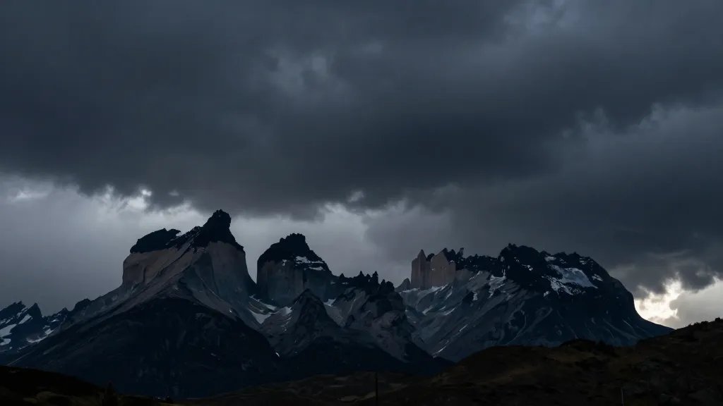 Isolated distant silhouette of Torres del Paine against dramatic stormy sky