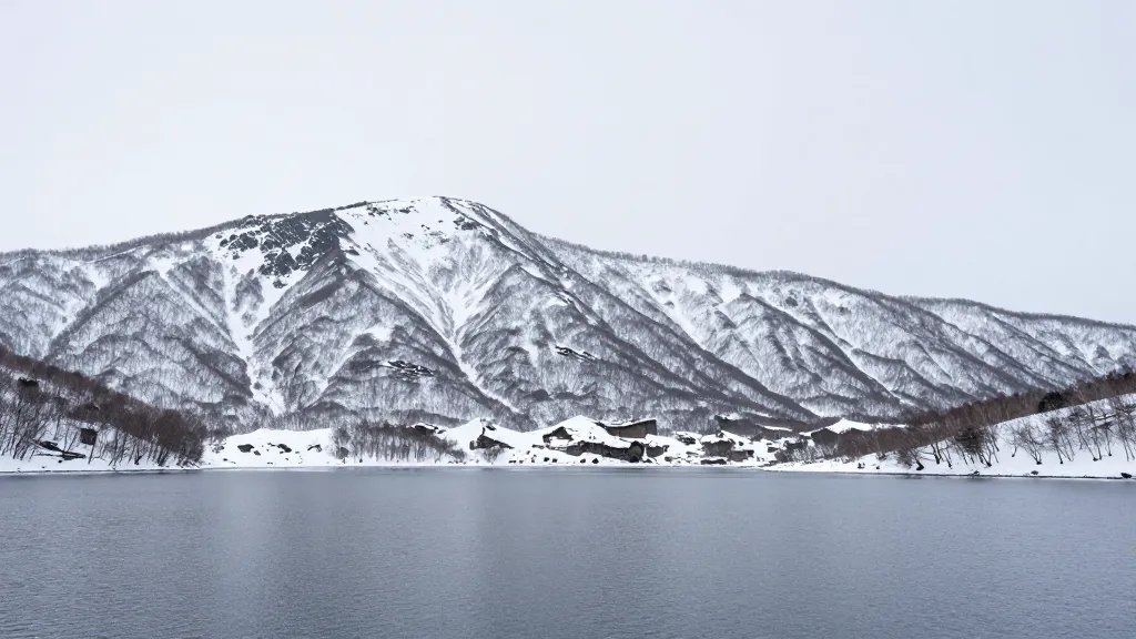Wide-angle shot of Niseko jagged peaks above silent lake