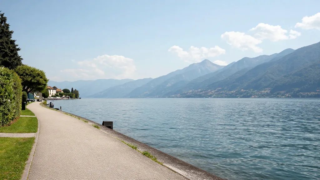Distant view of Lake Como shoreline with gentle path winding along water