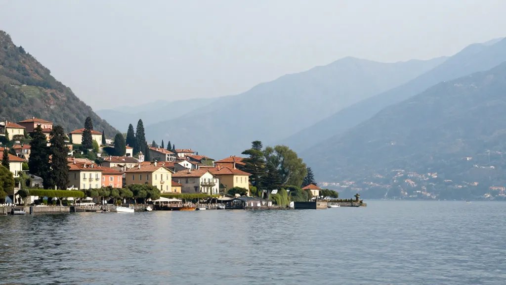 Far-off overlook of Lake Como towns along the lakeside with soft haze