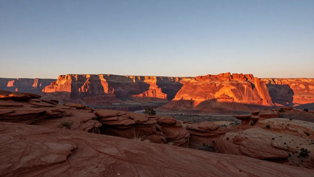 Distant sunrise over Capitol Reef’s red fins, copper light