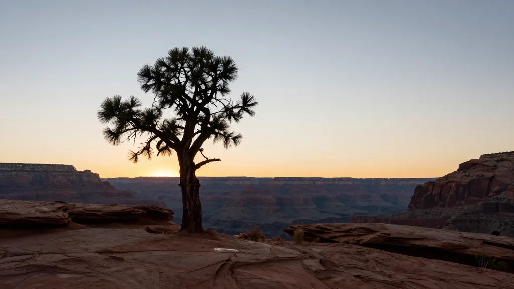 Lone pine silhouette against Capitol Reef canyon walls at dawn