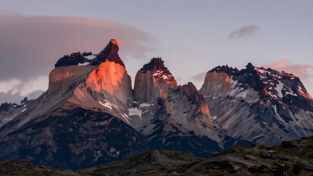 Distant view of Torres del Paine granite towers at sunset