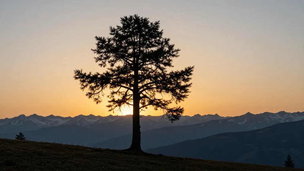 Lone pine silhouetted against distant alpine valley at sunrise