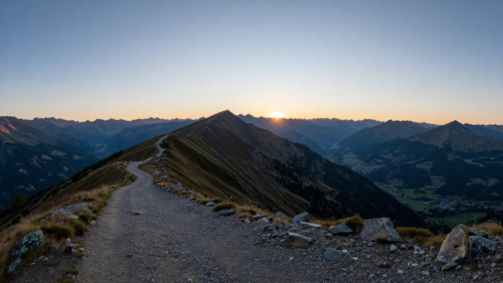 Wide panorama of Alpine Ridge Trail overlook at sunrise