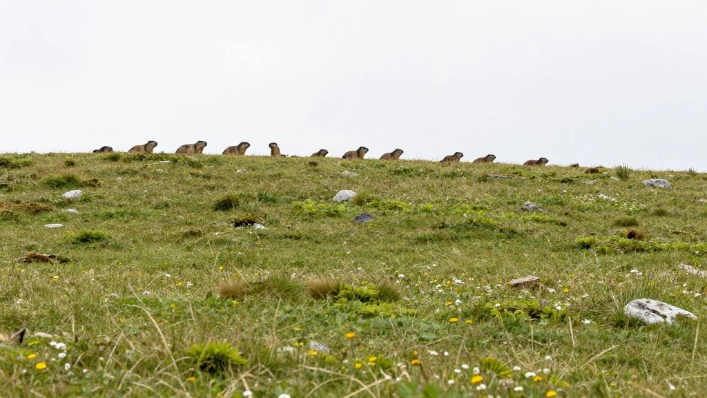 Expansive view of marmots on Alpine Ridge meadows from a distance