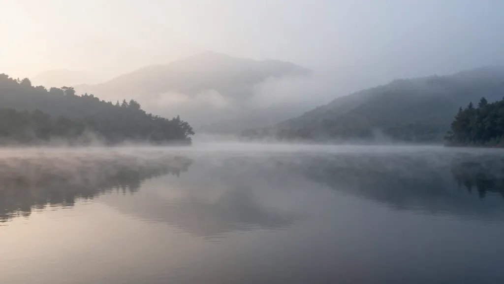 Misty Lake at sunrise with glassy water and distant mountain reflection