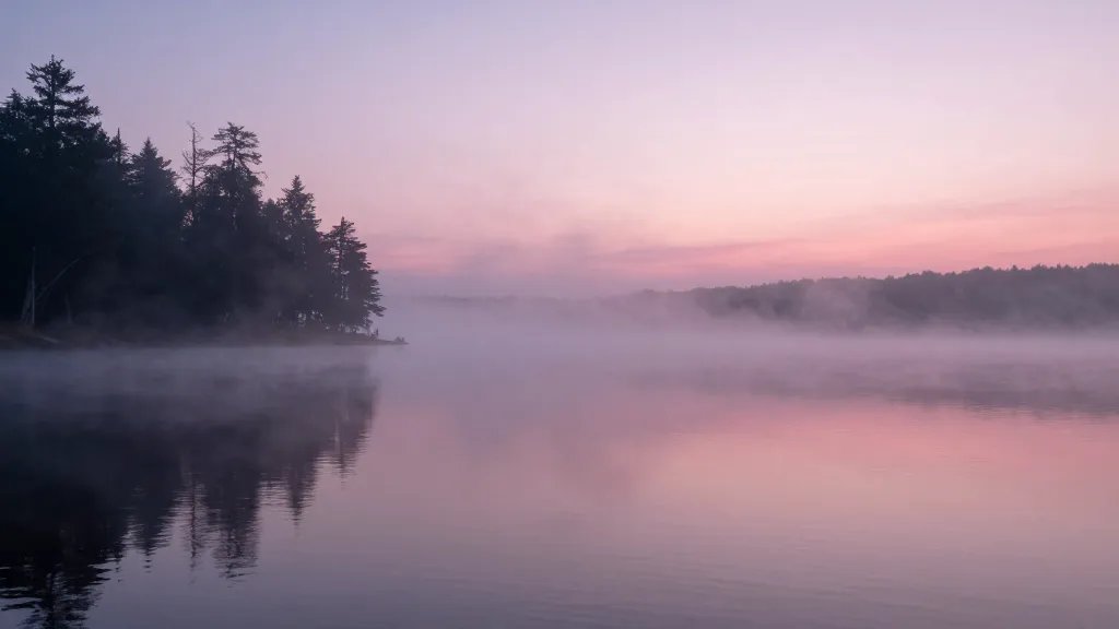 Misty Lake Trails tranquil shoreline glow under pink dawn light