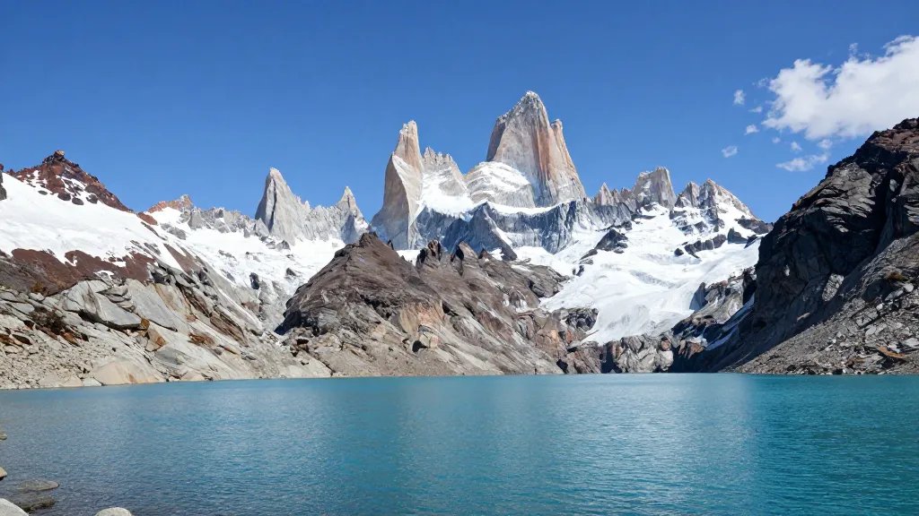 Distant shot of Fitz Roy granite spires rising over turquoise Patagonian lakes