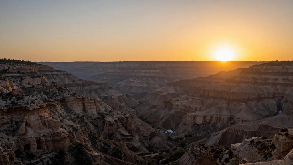Eastern canyon overlook at dawn, distant golden sunrise on ridgeline