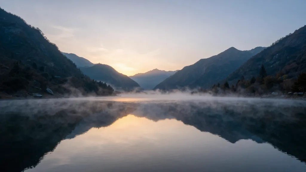 Distant sunrise over a secluded alpine lake, glassy water and mist