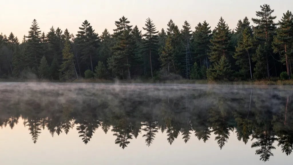 Mirror-smooth lake at dawn with pine shoreline backdrop, soft light