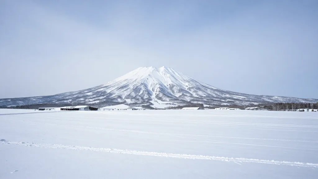 Distant panorama of Niseko powder fields under pale blue sky