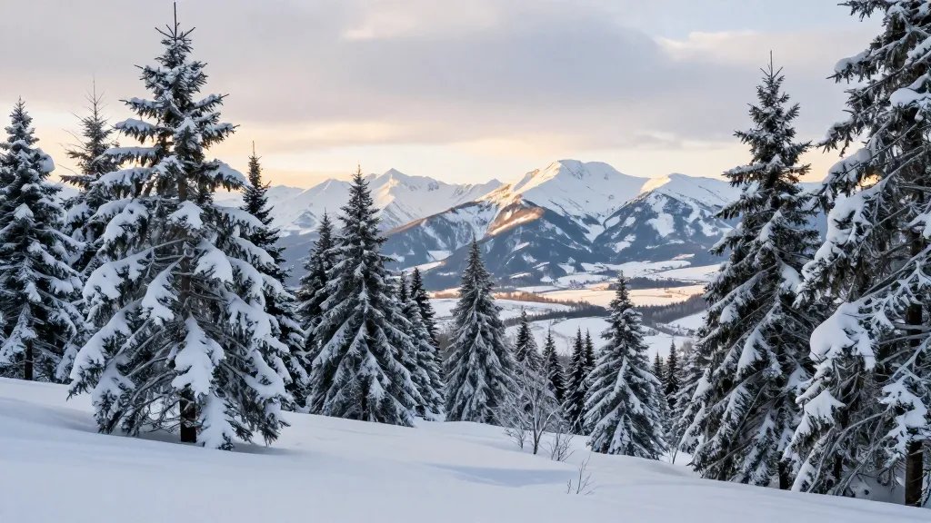 Alpine trees blanketed in powder, distant Niseko valley glow