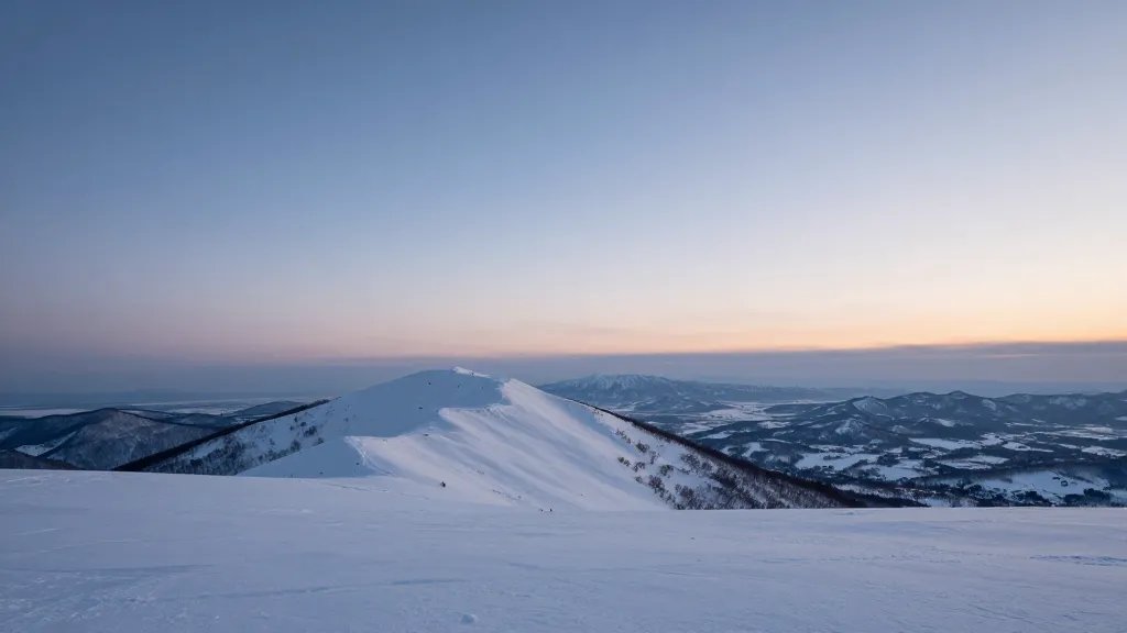 Snowy Niseko ridge line fading into vast horizon at dusk