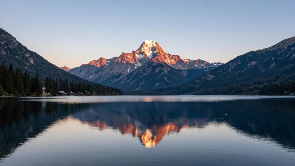 Distant panorama of Crystal Lake at dawn with alpine peaks reflecting in glassy water