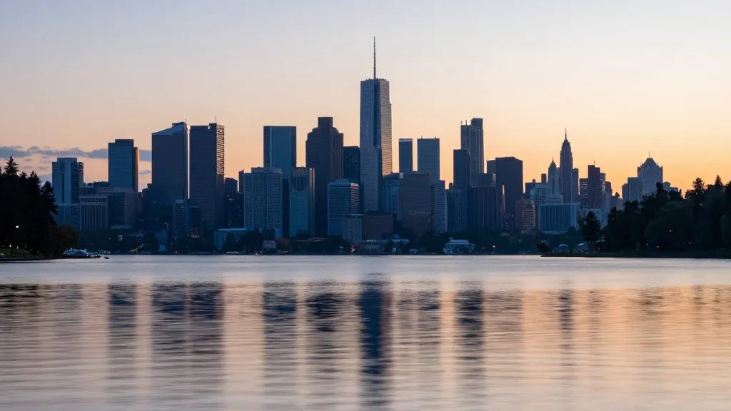 Wide view of Skyline Basin’s jagged skyline beyond a tranquil lakeshore at sunrise