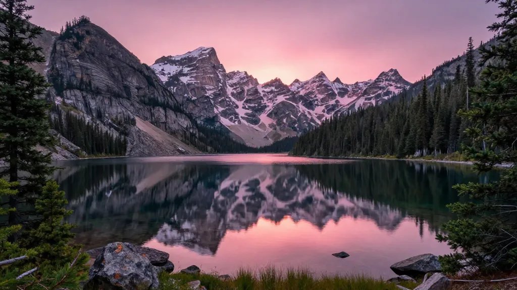 Expansive alpine lake mirror with pink glow on pine-lined shore at Crystal Lake Campground