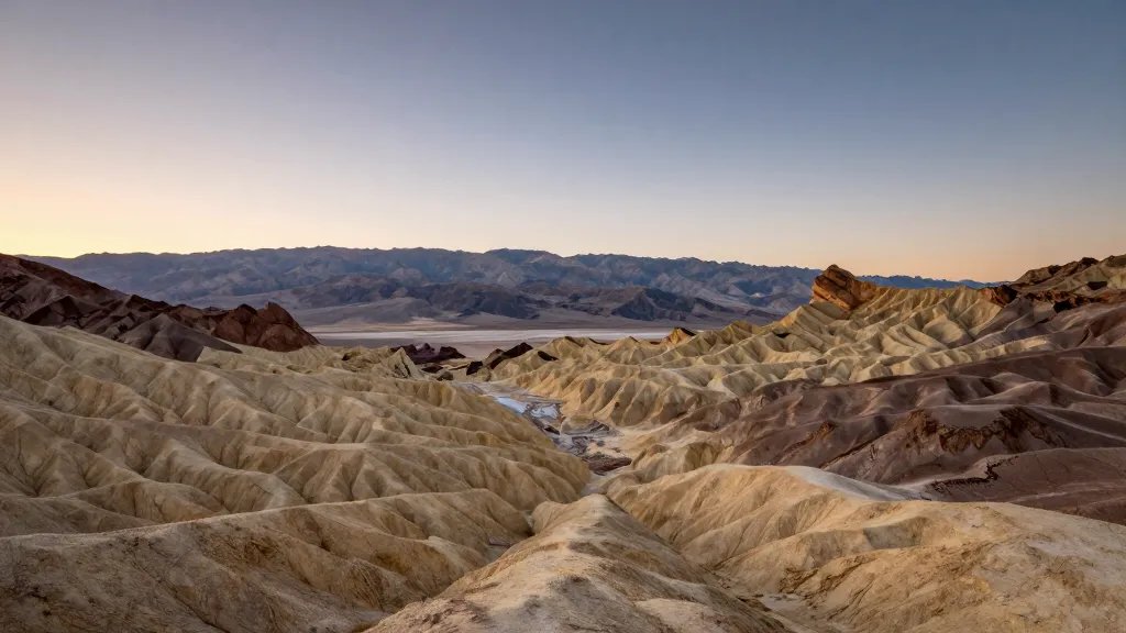 Distant sunrise over Death Valley’s Zabriskie Point badlands