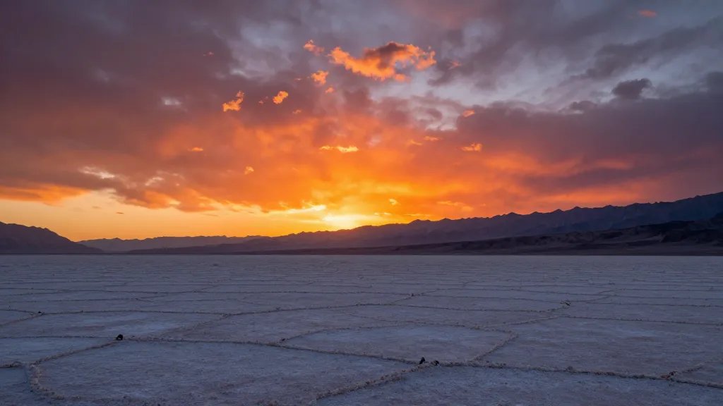 Fiery desert horizon beyond Death Valley salt flats at dawn
