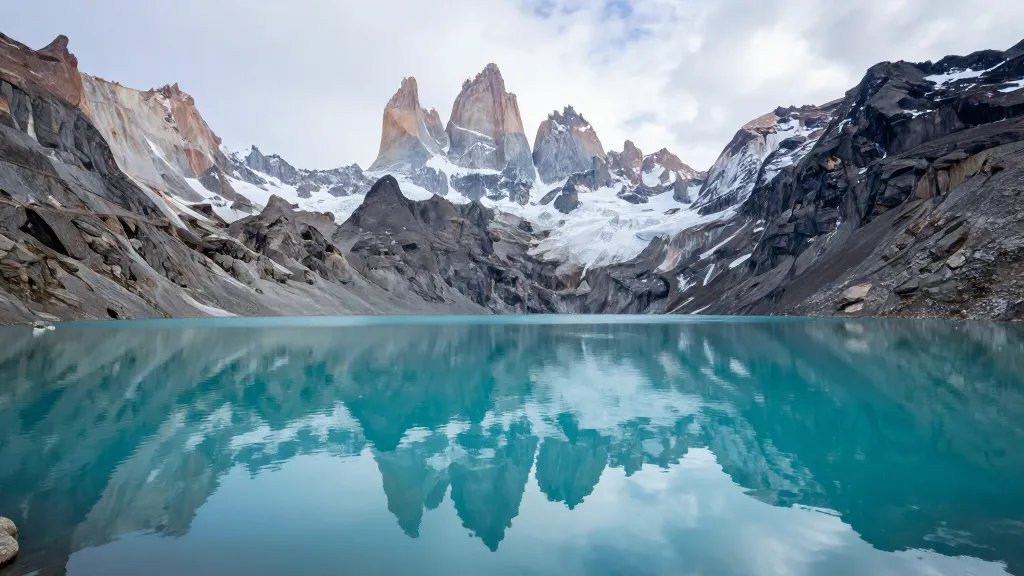 Turquoise glacial lake reflecting dramatic Torres del Paine peaks, distant shot