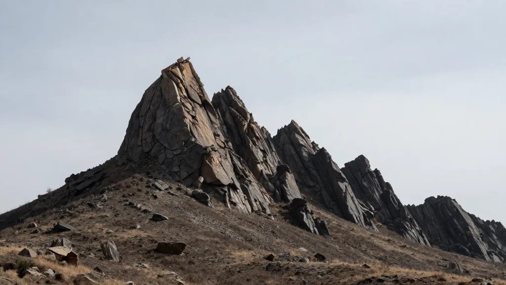Wind-swept W Trek panorama facing jagged towers, solitary horizon line
