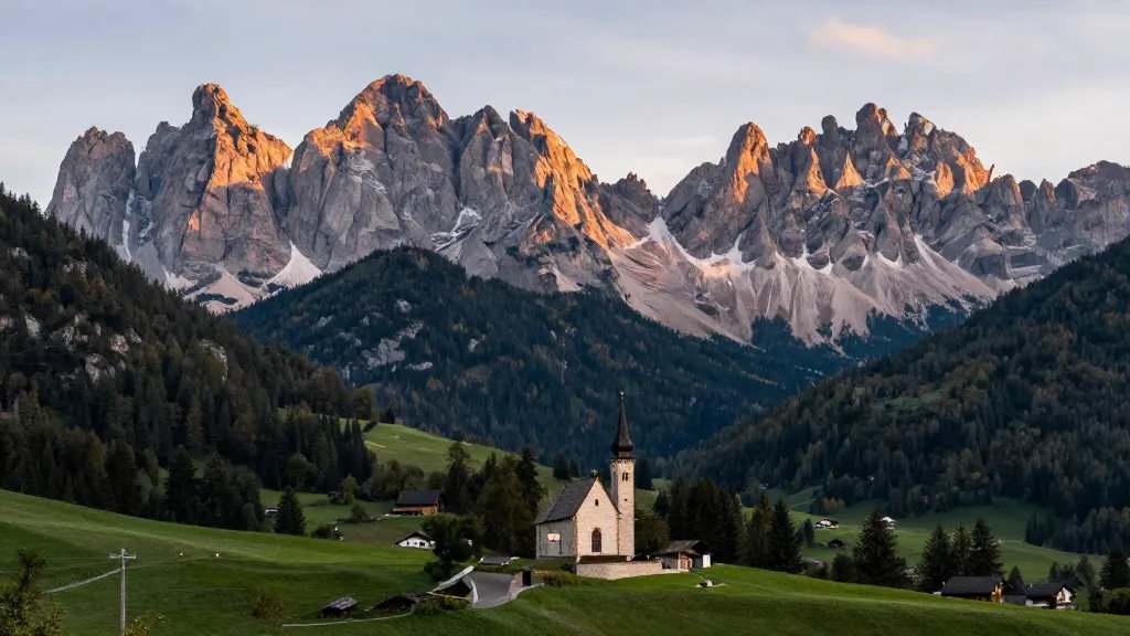Distant shot of pine-scented valley and church spire against jagged Dolomites skyline