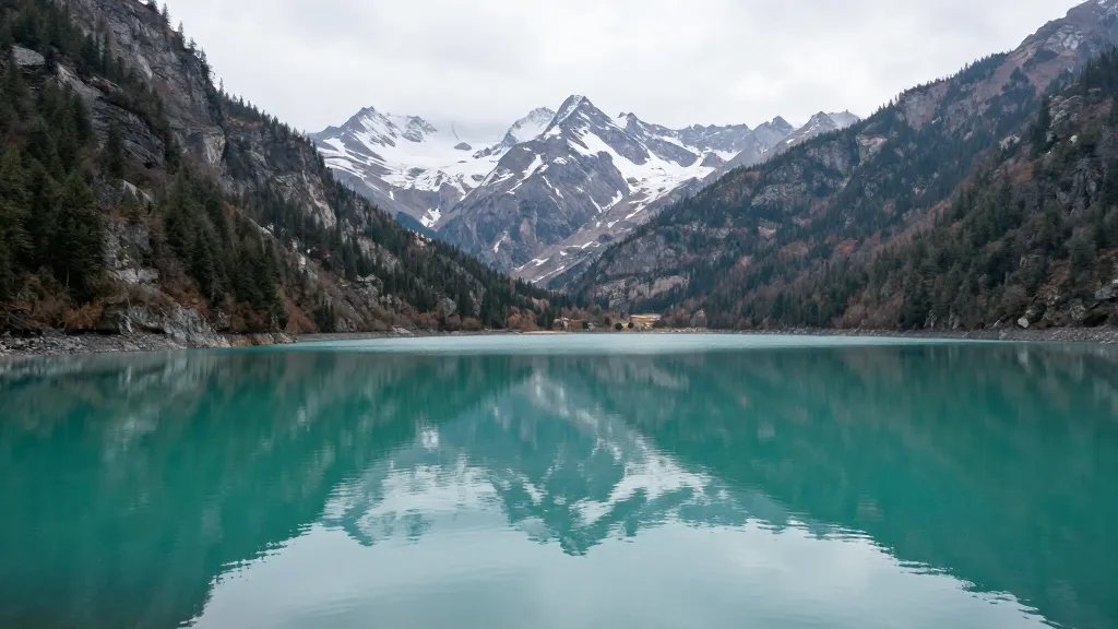 Distant view of emerald lake reflection with alpine peaks