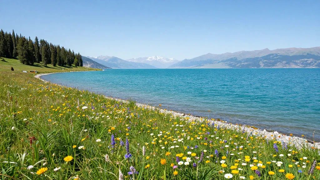 Far-off shot of wildflowers edging Emerald Lake shore in basin