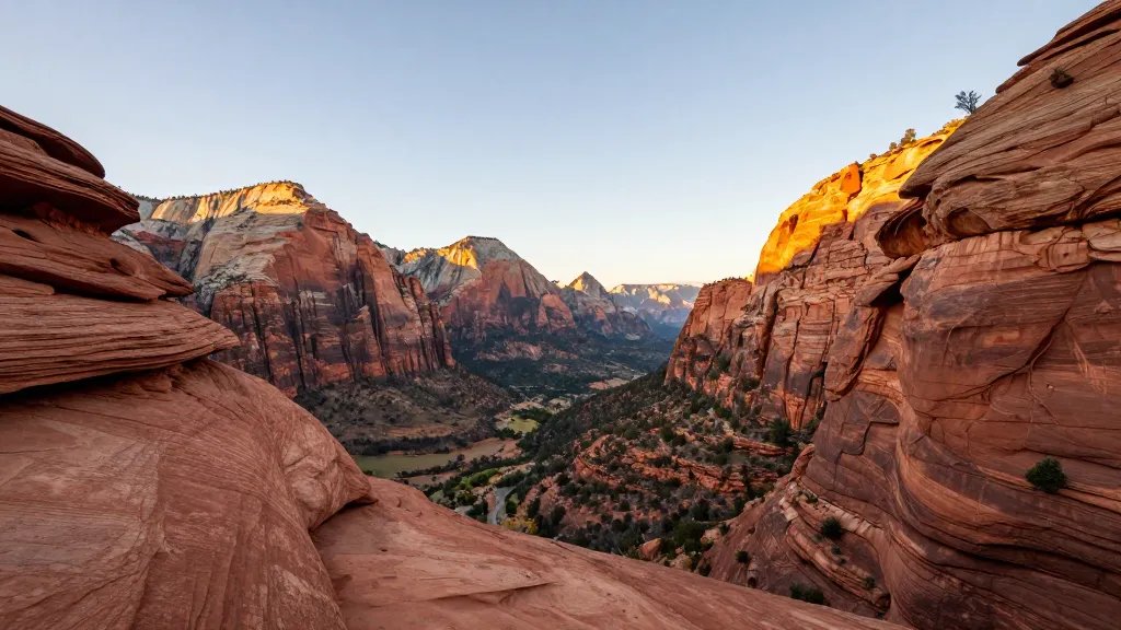 Distant view of Zion Canyon red sandstone fins at golden hour