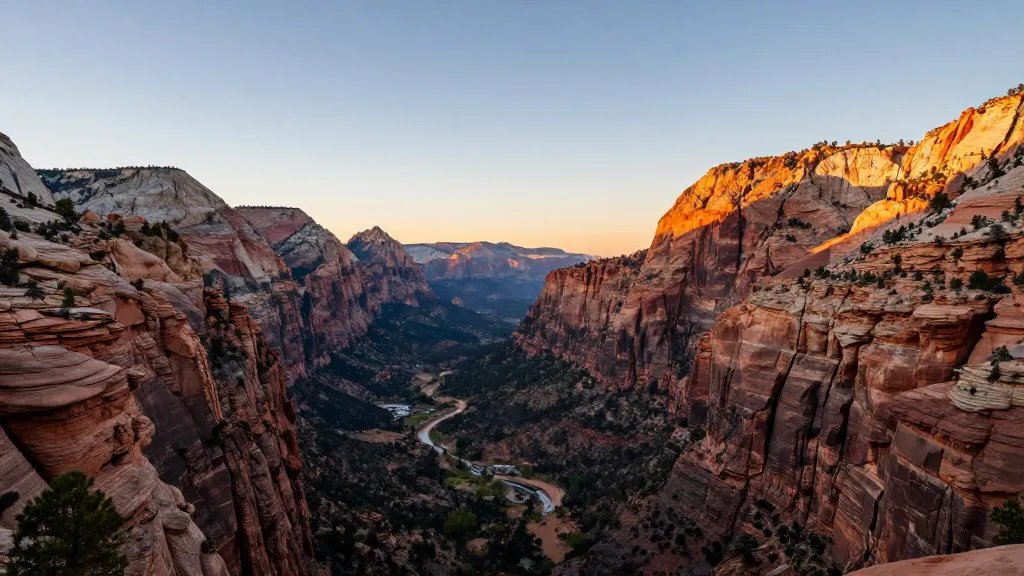 Wide-angle distant canyon walls lit by sunset in Zion National Park