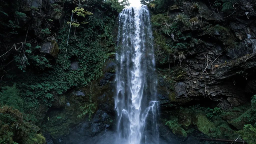 Distant shot of Patagonia hidden waterfall emerging from ivy-covered cliff
