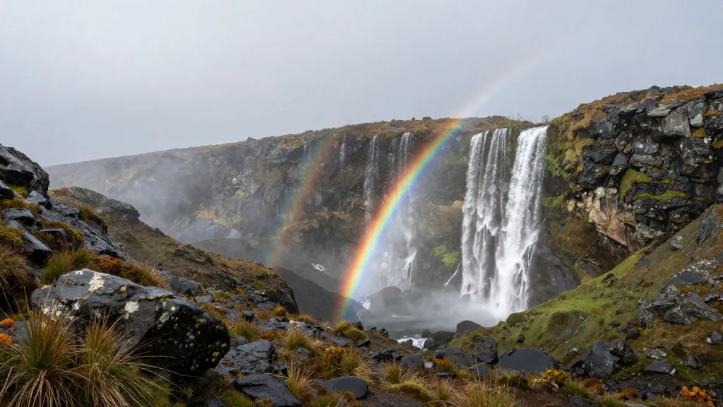 Expansive view of Patagonian trail’s secluded waterfall spray creating rainbows