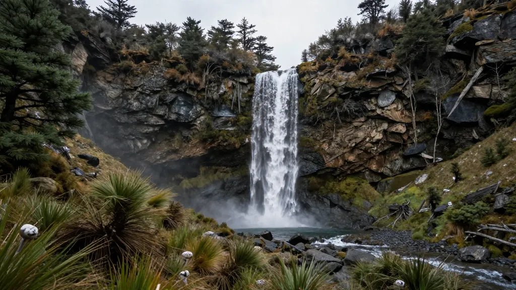 Wide-angle distant scene of pine-scented wind near Patagonia trail alcove waterfall