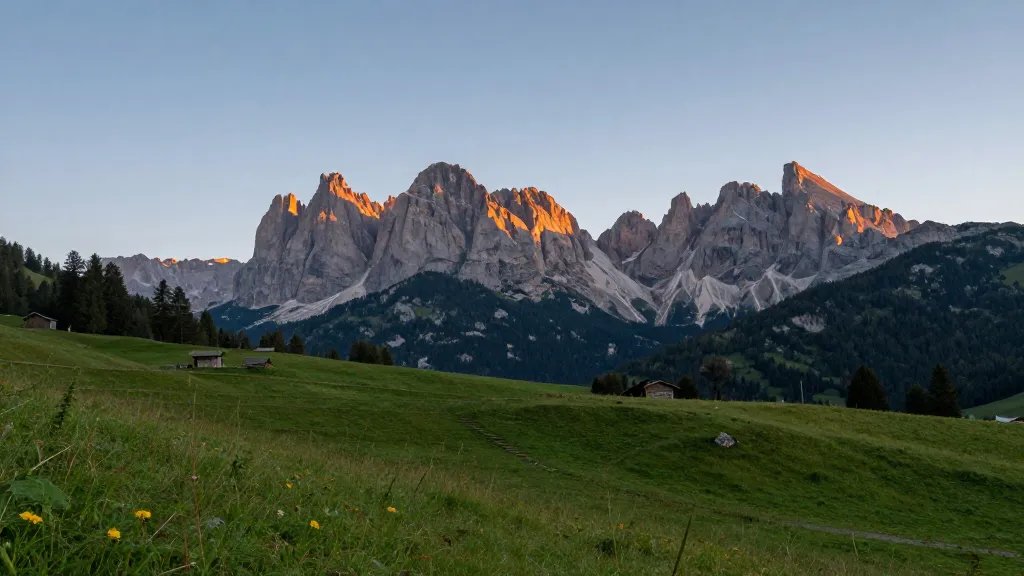 distant Dolomites peak at dawn with alpine meadow below