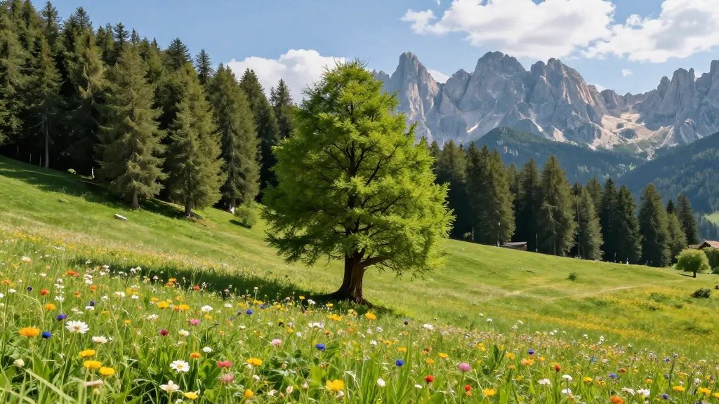 lone larch forest ribboned by wildflower meadow, Dolomites backdrop