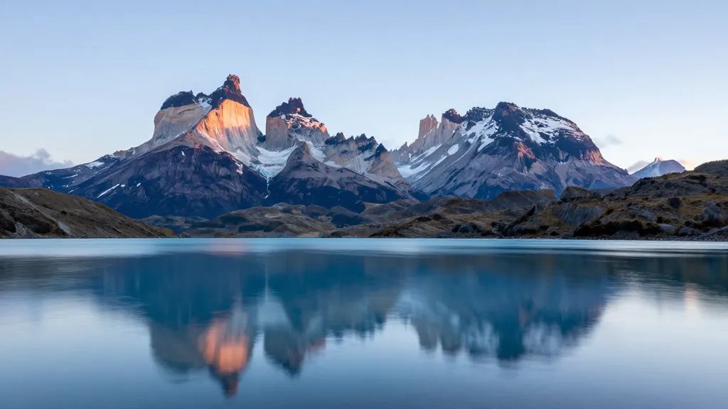 Wide shot of Cuernos del Paine reflection in glacial blue lake at dawn