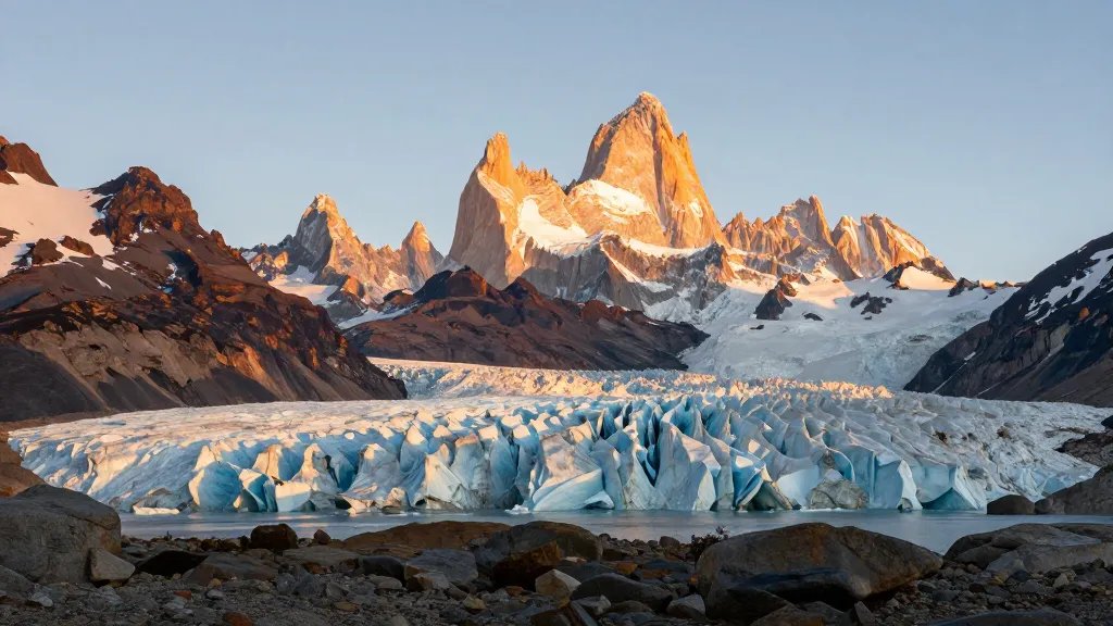 Expansive Patagonian plain with hanging glaciers and distant granite spires at golden hour