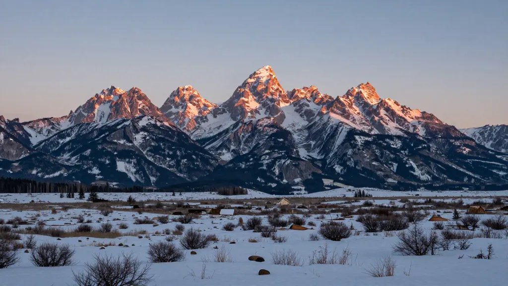 Distant view of Grand Teton peaks at sunrise with snow-dusted foreground and empty horizon
